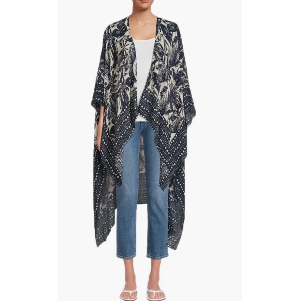 New! SAACHI Tropical‎ Woodblock Print Short Duster Kimono Cover-Up One Size Boho